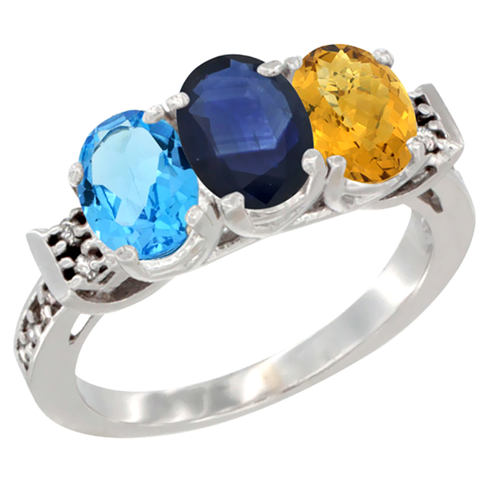 10K White Gold Natural Swiss Blue Topaz, Blue Sapphire & Whisky Quartz Ring 3-Stone Oval 7x5 mm Diamond Accent, sizes 5 - 10