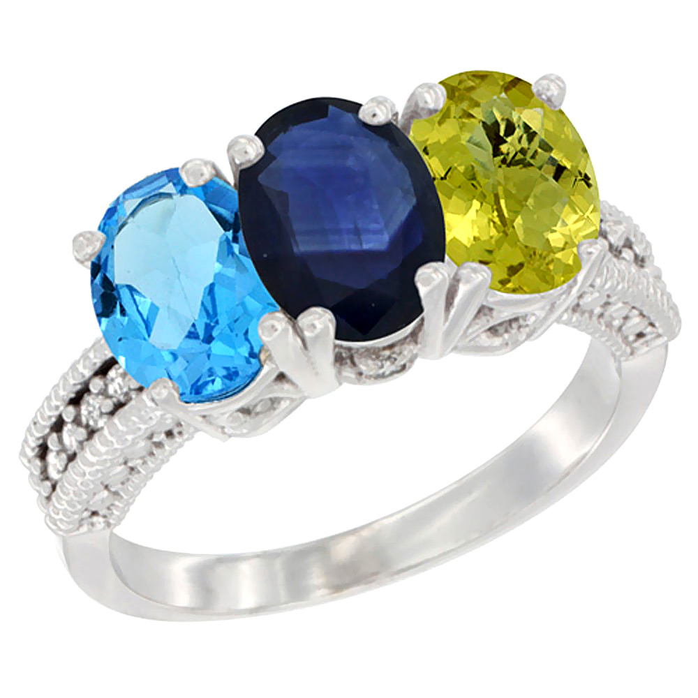14K White Gold Natural Swiss Blue Topaz, Blue Sapphire &amp; Lemon Quartz Ring 3-Stone 7x5 mm Oval Diamond Accent, sizes 5 - 10