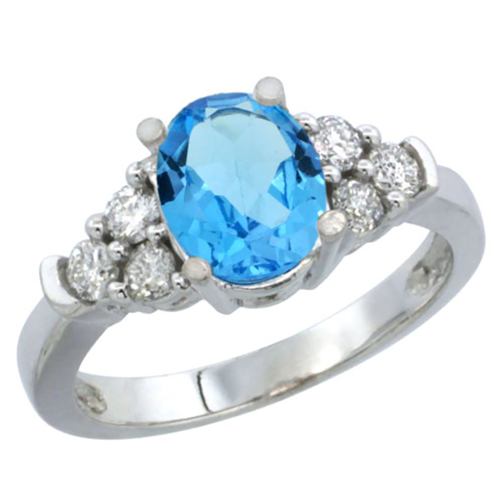 10K White Gold Genuine Blue Topaz Ring Oval 9x7mm Diamond Accent sizes 5-10