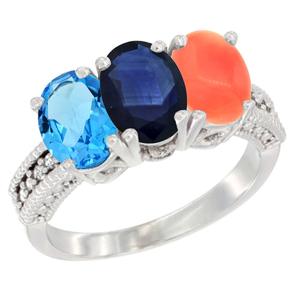 14K White Gold Natural Swiss Blue Topaz, Blue Sapphire & Coral Ring 3-Stone 7x5 mm Oval Diamond Accent, sizes 5 - 10