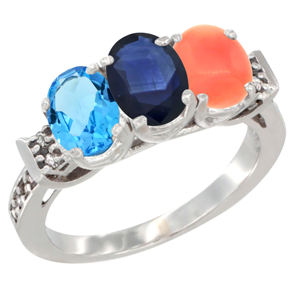 10K White Gold Natural Swiss Blue Topaz, Blue Sapphire &amp; Coral Ring 3-Stone Oval 7x5 mm Diamond Accent, sizes 5 - 10