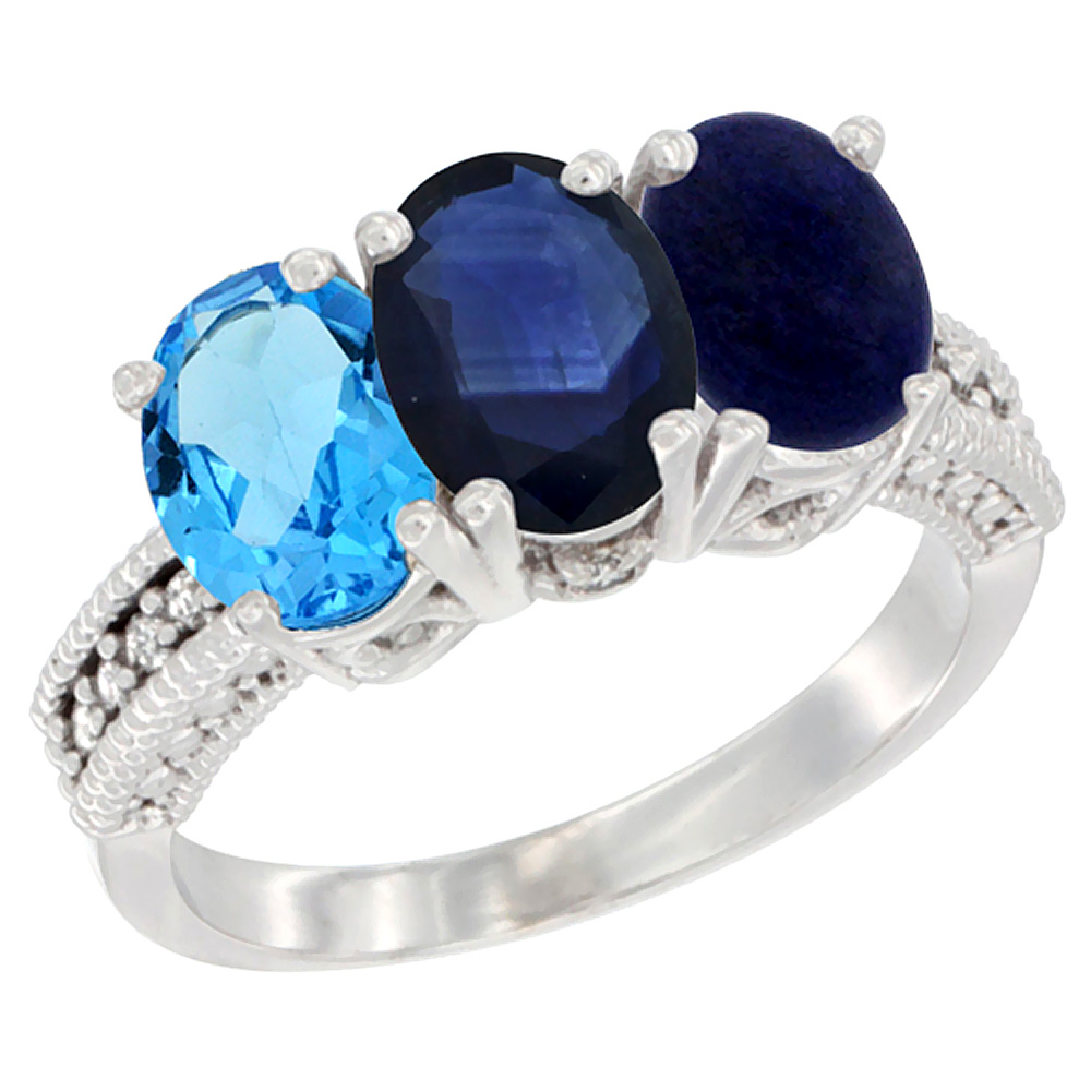 10K White Gold Natural Swiss Blue Topaz, Blue Sapphire &amp; Lapis Ring 3-Stone Oval 7x5 mm Diamond Accent, sizes 5 - 10