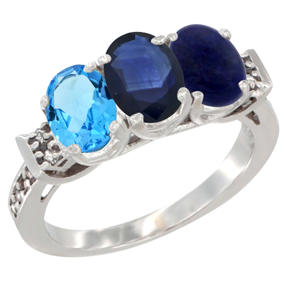 14K White Gold Natural Swiss Blue Topaz, Blue Sapphire &amp; Lapis Ring 3-Stone 7x5 mm Oval Diamond Accent, sizes 5 - 10