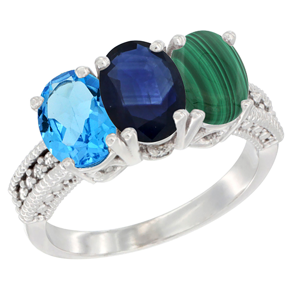 10K White Gold Natural Swiss Blue Topaz, Blue Sapphire & Malachite Ring 3-Stone Oval 7x5 mm Diamond Accent, sizes 5 - 10