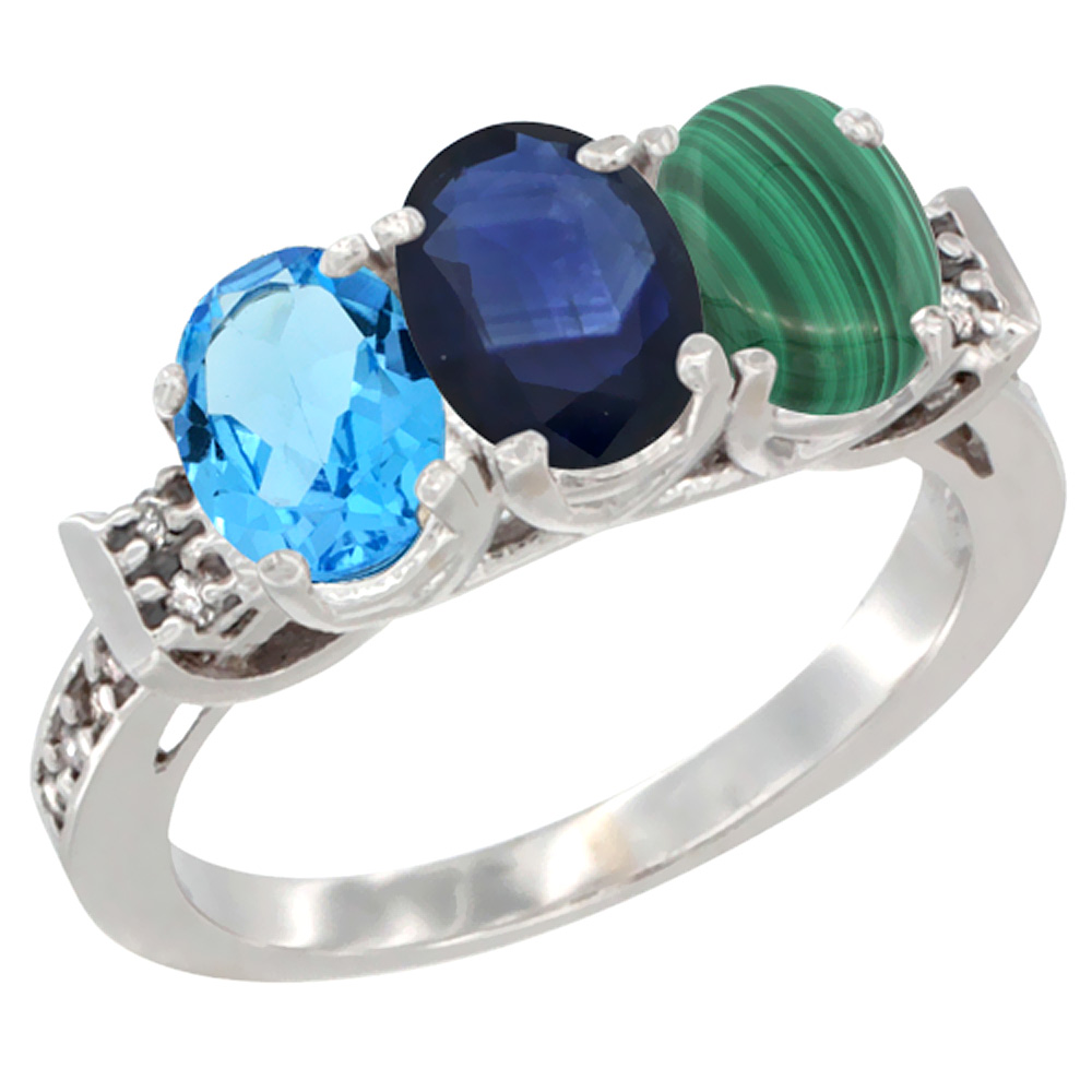 10K White Gold Natural Swiss Blue Topaz, Blue Sapphire &amp; Malachite Ring 3-Stone Oval 7x5 mm Diamond Accent, sizes 5 - 10