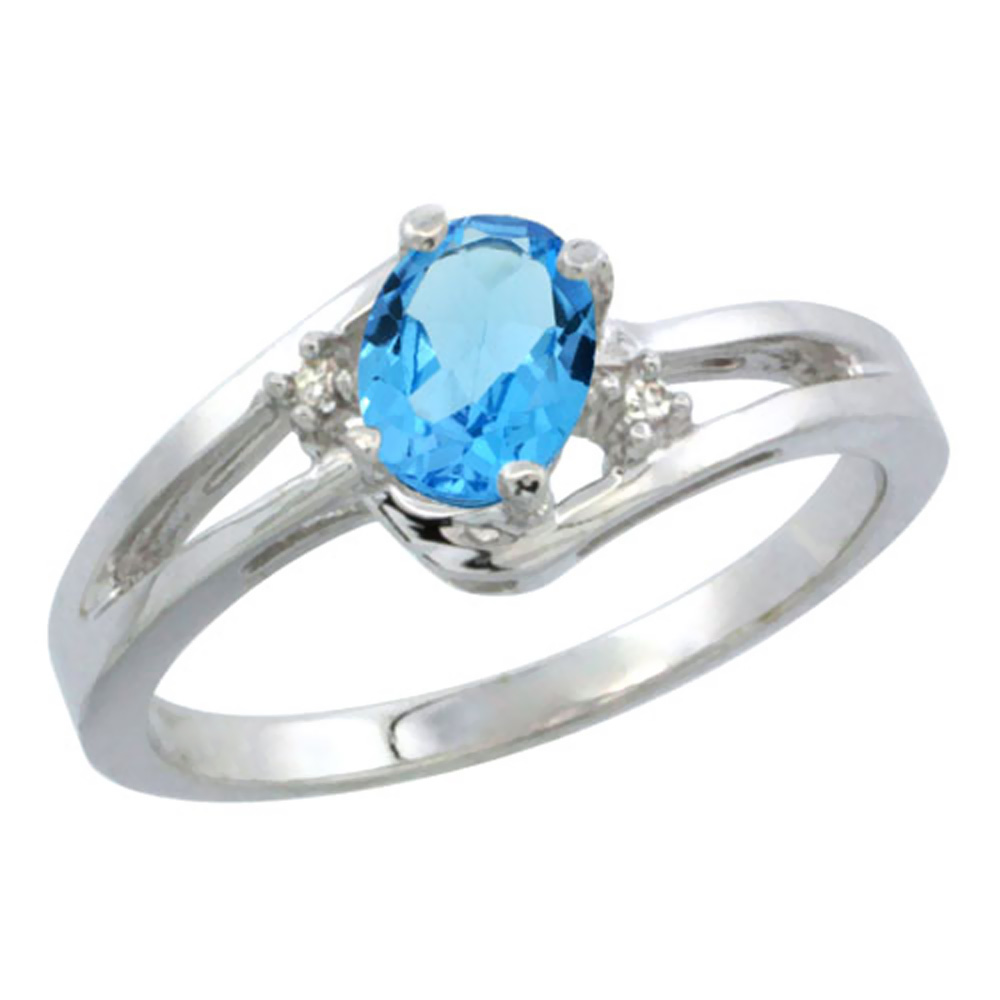 14K White Gold Diamond Natural Swiss Blue Topaz Ring Oval 6x4 mm, sizes 5-10