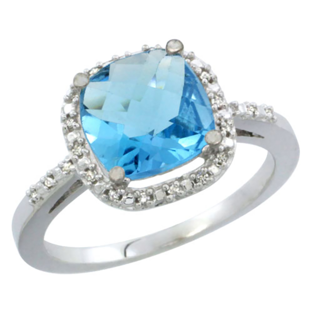 14K White Gold Natural Swiss Blue Topaz Ring Cushion-cut 8x8mm Diamond Accent, sizes 5-10