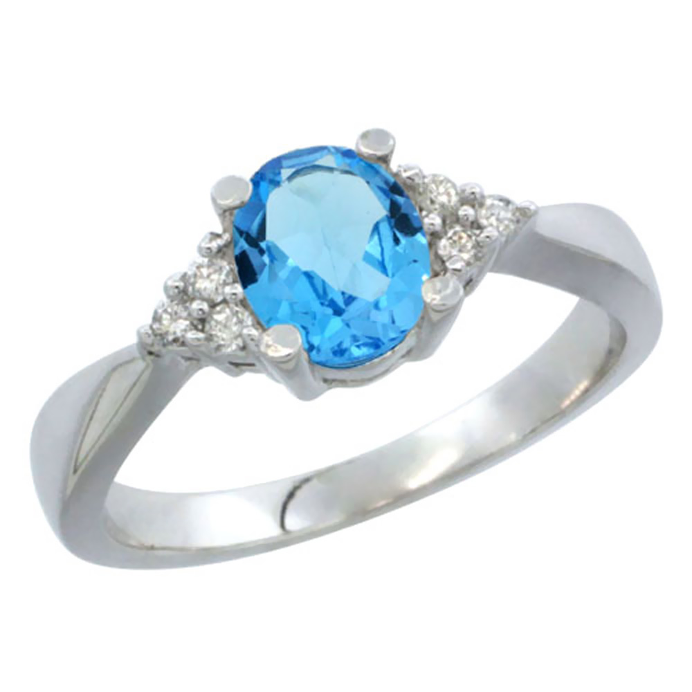 14K White Gold Diamond Natural Swiss Blue Topaz Engagement Ring Oval 7x5mm, sizes 5-10