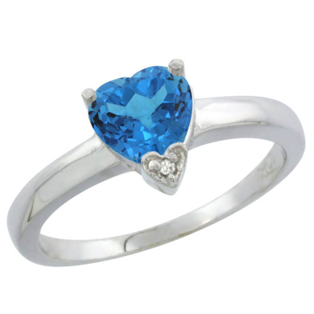 14K White Gold Natural Swiss Blue Topaz Heart 7x7mm Diamond Accent, sizes 5-10