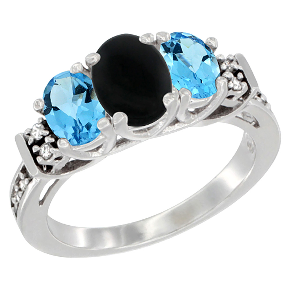 14K White Gold Natural Black Onyx & Swiss Blue Topaz Ring 3-Stone Oval Diamond Accent, sizes 5-10