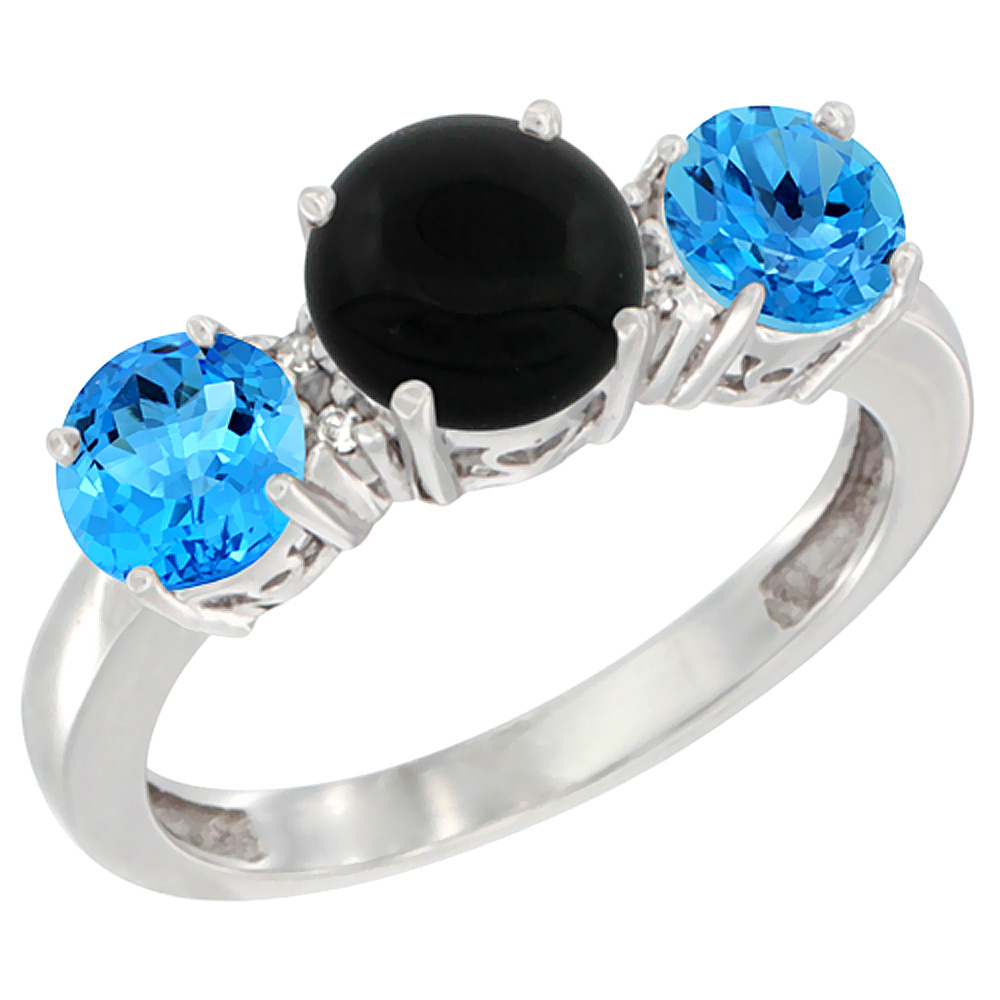 10K White Gold Round 3-Stone Natural Black Onyx Ring &amp; Swiss Blue Topaz Sides Diamond Accent, sizes 5 - 10