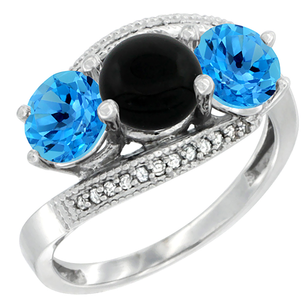 14K White Gold Natural Black Onyx &amp; Swiss Blue Topaz Sides 3 stone Ring Round 6mm Diamond Accent, sizes 5 - 10