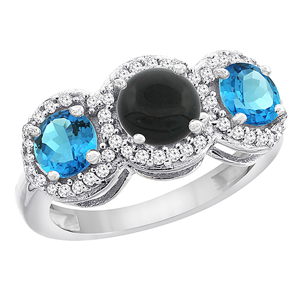 10K White Gold Natural Black Onyx &amp; Swiss Blue Topaz Sides Round 3-stone Ring Diamond Accents, sizes 5 - 10