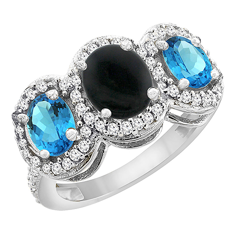 14K White Gold Natural Black Onyx & Swiss Blue Topaz 3-Stone Ring Oval Diamond Accent, sizes 5 - 10
