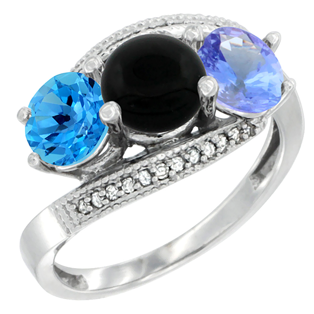 14K White Gold Natural Swiss Blue Topaz, Black Onyx &amp; Tanzanite 3 stone Ring Round 6mm Diamond Accent, sizes 5 - 10