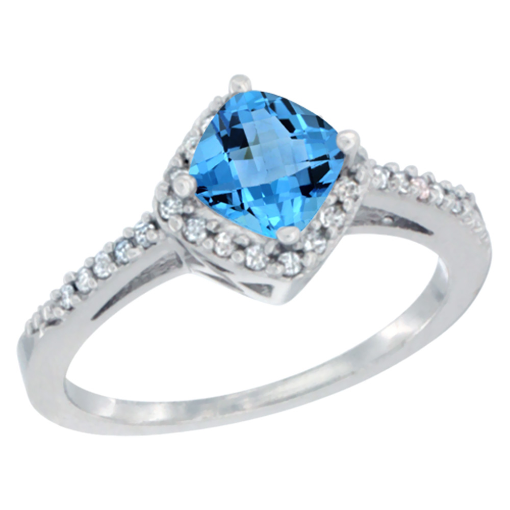 10K White Gold Genuine Blue Topaz Ring Cushion-cut 6mm Halo Diamond Accent sizes 5 - 10