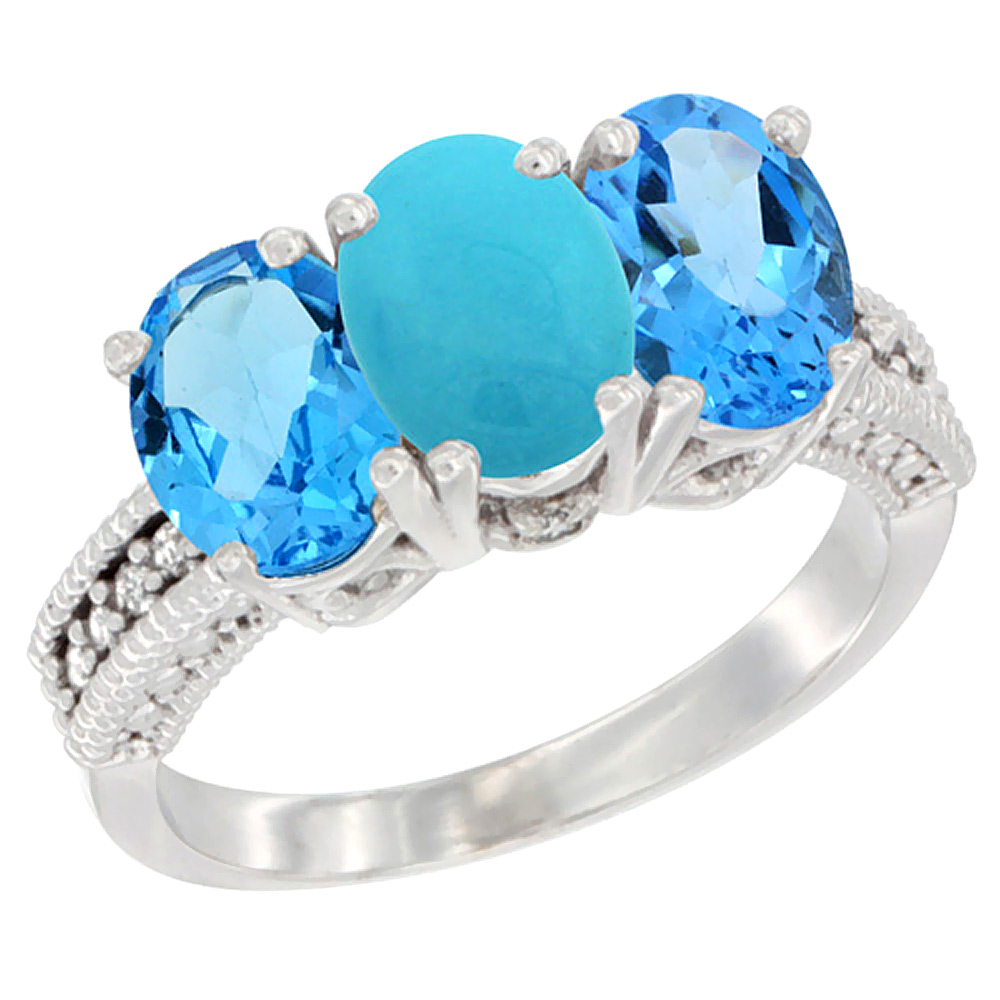 10K White Gold Natural Turquoise & Swiss Blue Topaz Sides Ring 3-Stone Oval 7x5 mm Diamond Accent, sizes 5 - 10