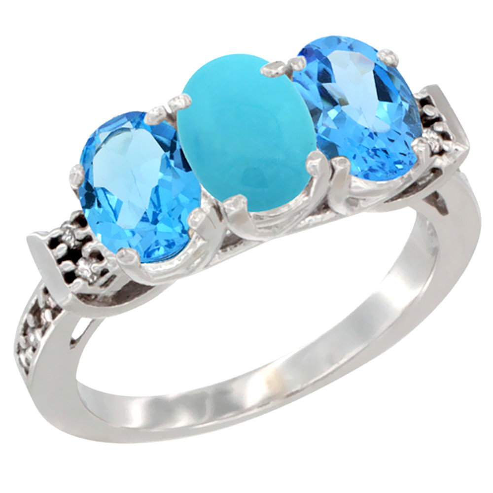 14K White Gold Natural Turquoise & Swiss Blue Topaz Sides Ring 3-Stone 7x5 mm Oval Diamond Accent, sizes 5 - 10