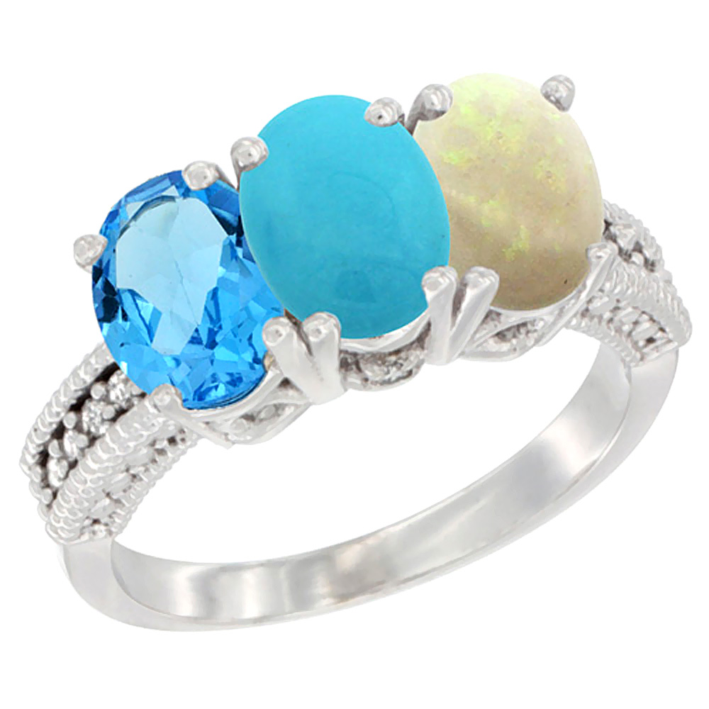 10K White Gold Natural Swiss Blue Topaz, Turquoise & Opal Ring 3-Stone Oval 7x5 mm Diamond Accent, sizes 5 - 10