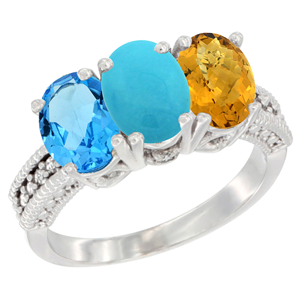 10K White Gold Natural Swiss Blue Topaz, Turquoise &amp; Whisky Quartz Ring 3-Stone Oval 7x5 mm Diamond Accent, sizes 5 - 10