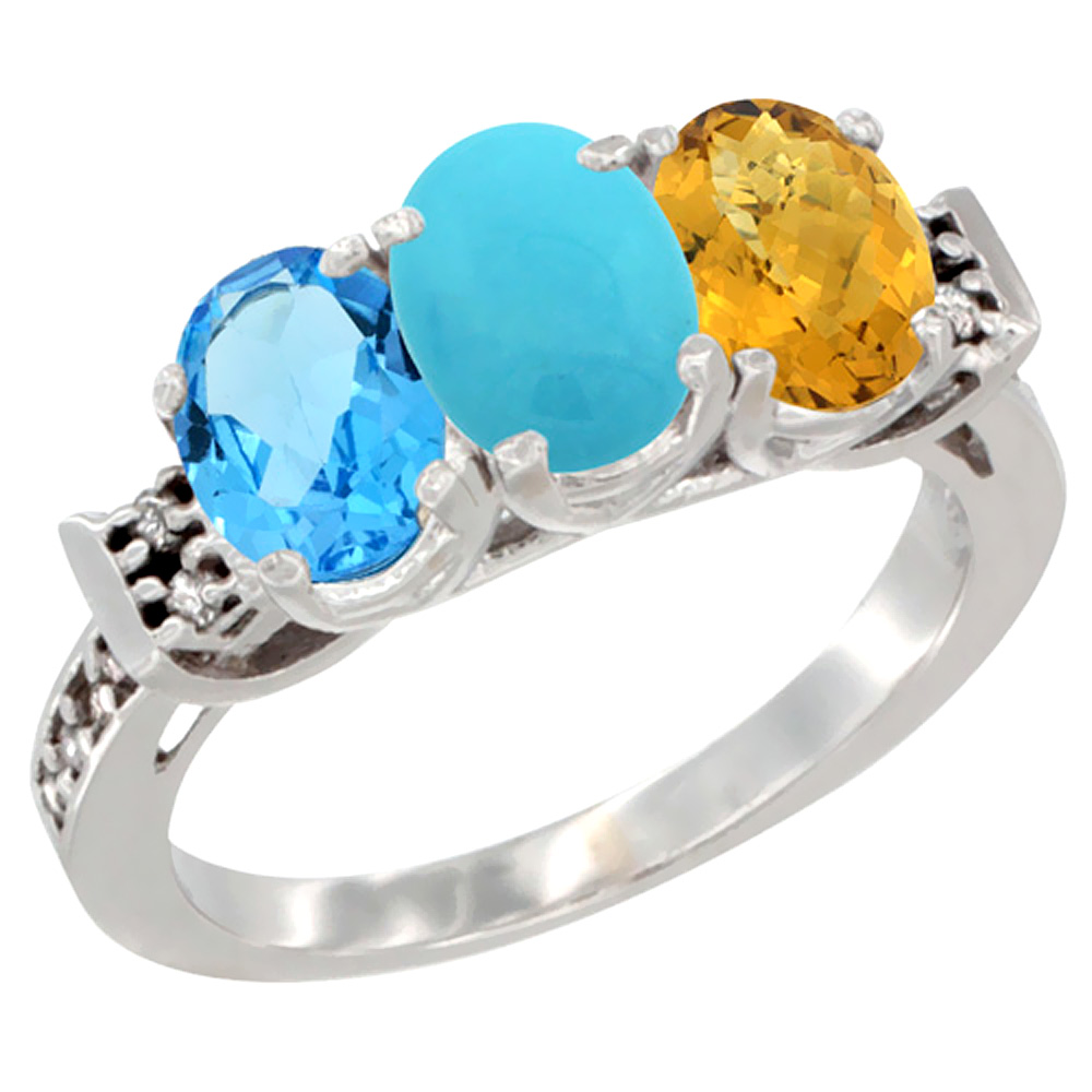 14K White Gold Natural Swiss Blue Topaz, Turquoise & Whisky Quartz Ring 3-Stone 7x5 mm Oval Diamond Accent, sizes 5 - 10