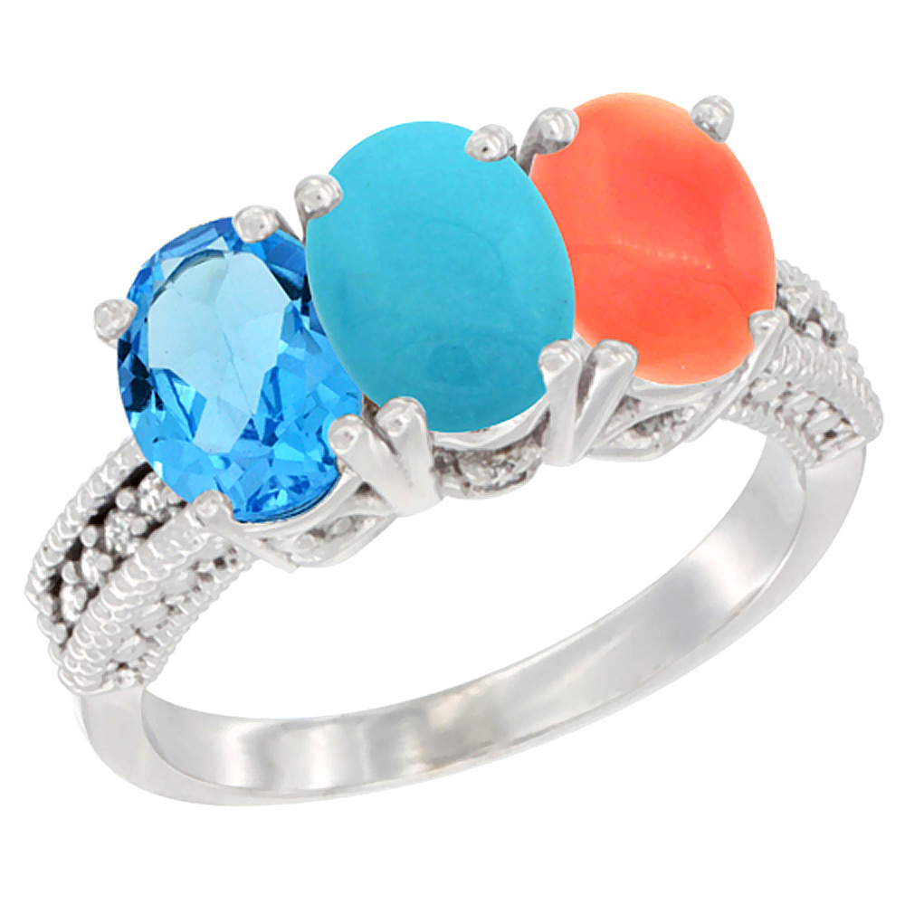 14K White Gold Natural Swiss Blue Topaz, Turquoise & Coral Ring 3-Stone 7x5 mm Oval Diamond Accent, sizes 5 - 10