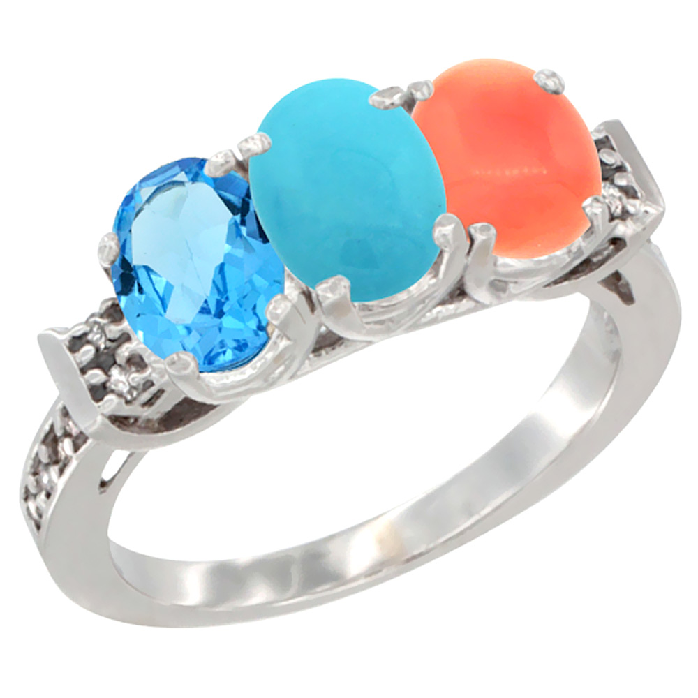 10K White Gold Natural Swiss Blue Topaz, Turquoise & Coral Ring 3-Stone Oval 7x5 mm Diamond Accent, sizes 5 - 10