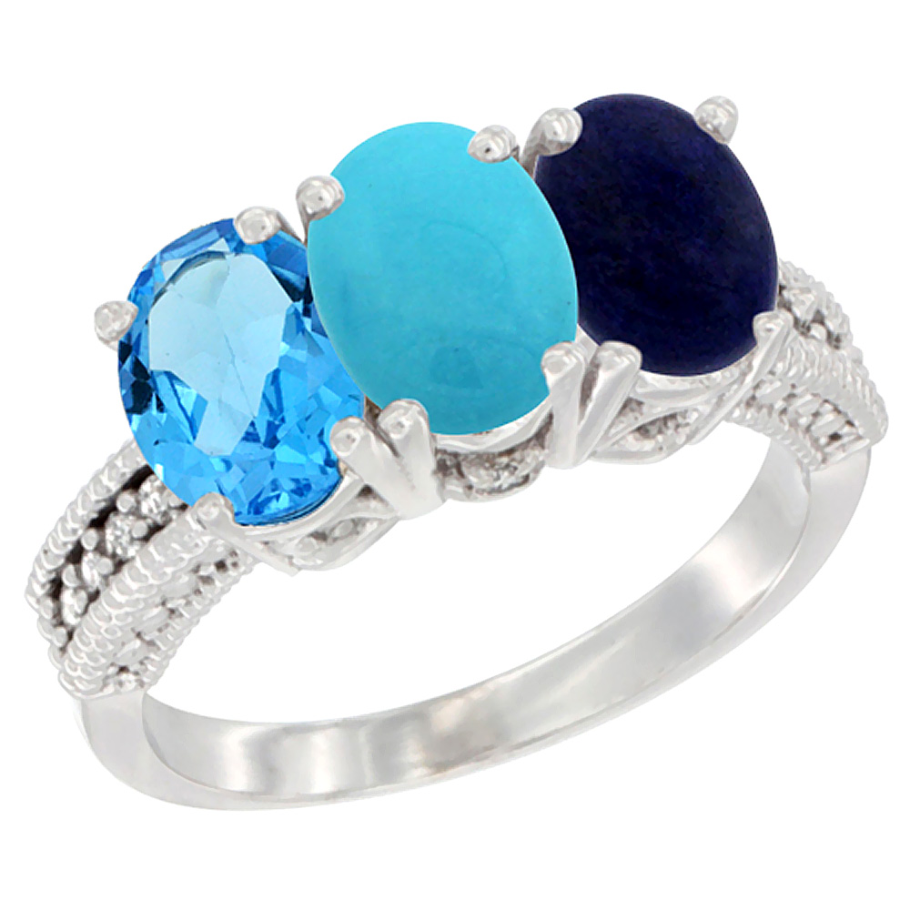 10K White Gold Natural Swiss Blue Topaz, Turquoise & Lapis Ring 3-Stone Oval 7x5 mm Diamond Accent, sizes 5 - 10