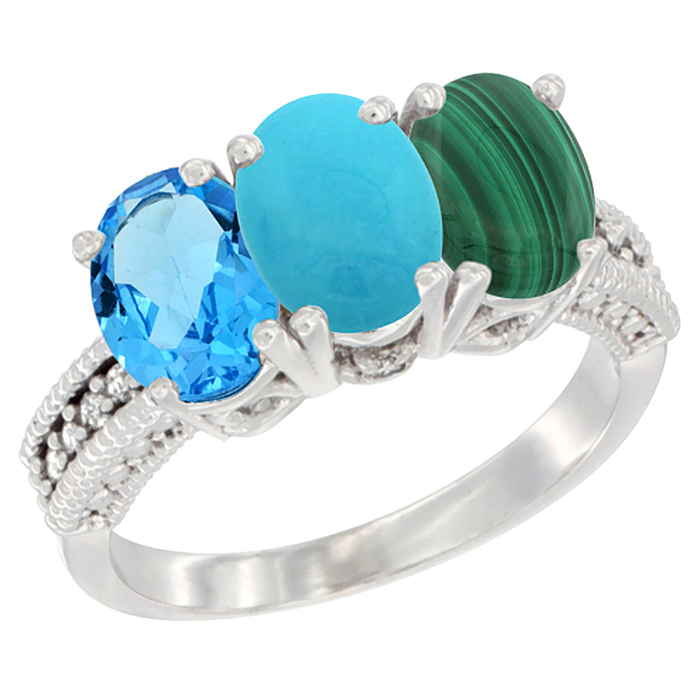 10K White Gold Natural Swiss Blue Topaz, Turquoise & Malachite Ring 3-Stone Oval 7x5 mm Diamond Accent, sizes 5 - 10