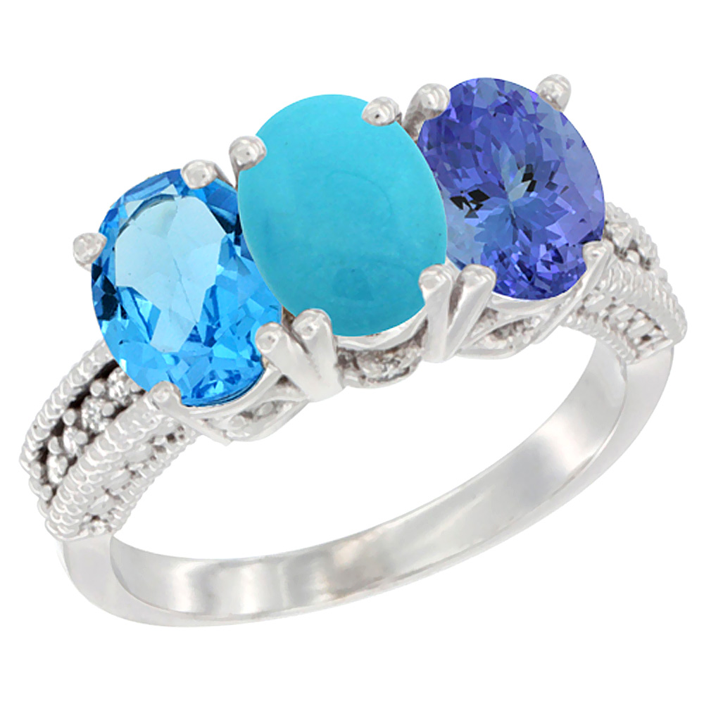 10K White Gold Natural Swiss Blue Topaz, Turquoise & Tanzanite Ring 3-Stone Oval 7x5 mm Diamond Accent, sizes 5 - 10