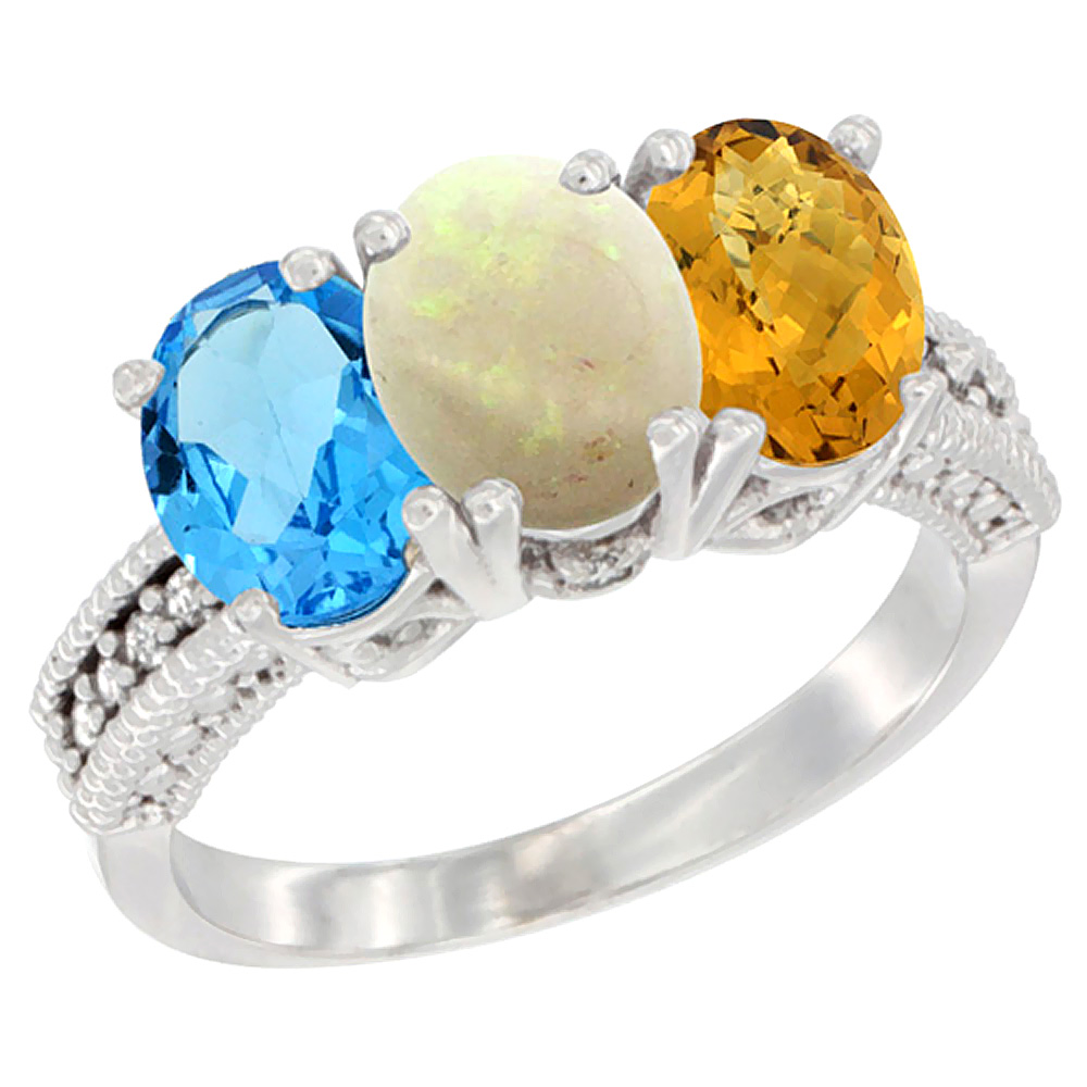 10K White Gold Natural Swiss Blue Topaz, Opal & Whisky Quartz Ring 3-Stone Oval 7x5 mm Diamond Accent, sizes 5 - 10