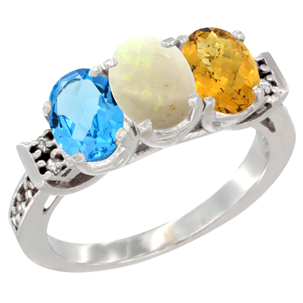 10K White Gold Natural Swiss Blue Topaz, Opal & Whisky Quartz Ring 3-Stone Oval 7x5 mm Diamond Accent, sizes 5 - 10