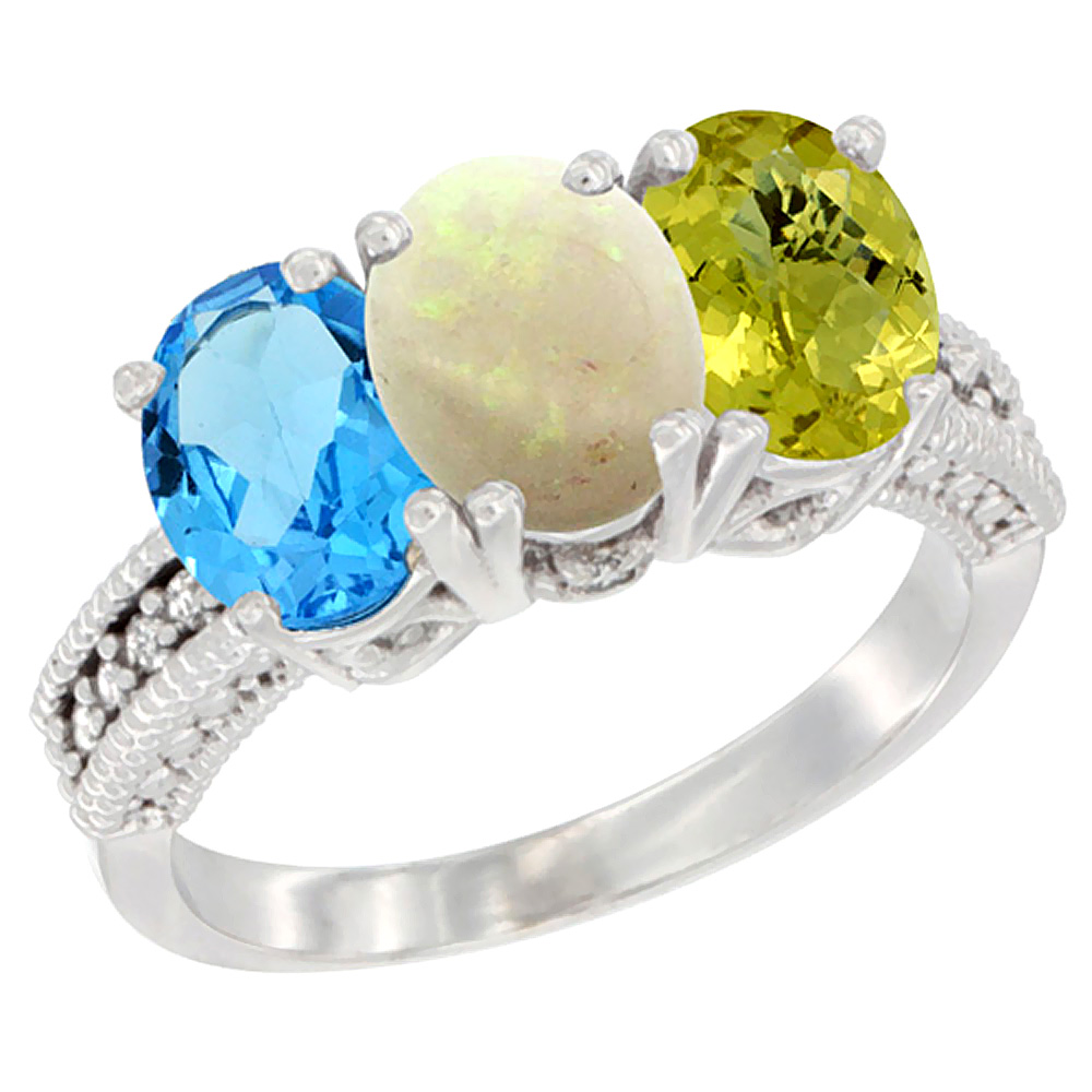 10K White Gold Natural Swiss Blue Topaz, Opal & Lemon Quartz Ring 3-Stone Oval 7x5 mm Diamond Accent, sizes 5 - 10