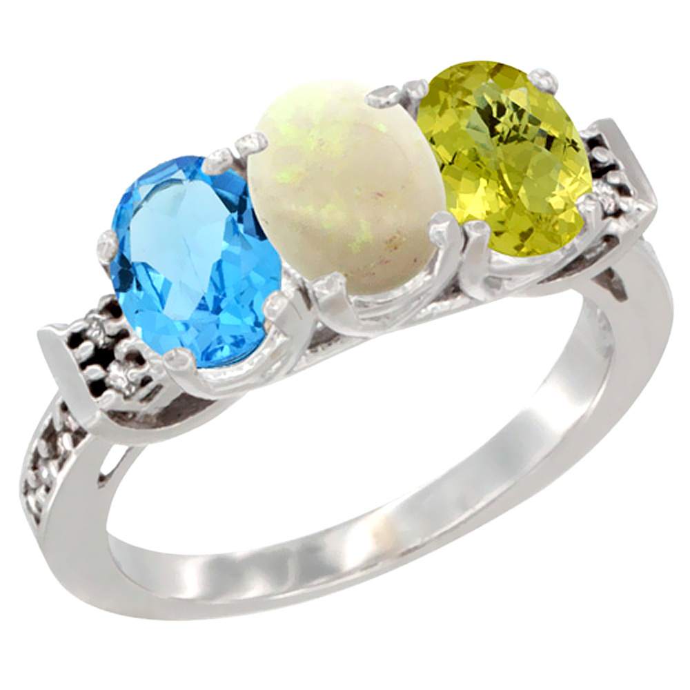 14K White Gold Natural Swiss Blue Topaz, Opal & Lemon Quartz Ring 3-Stone 7x5 mm Oval Diamond Accent, sizes 5 - 10