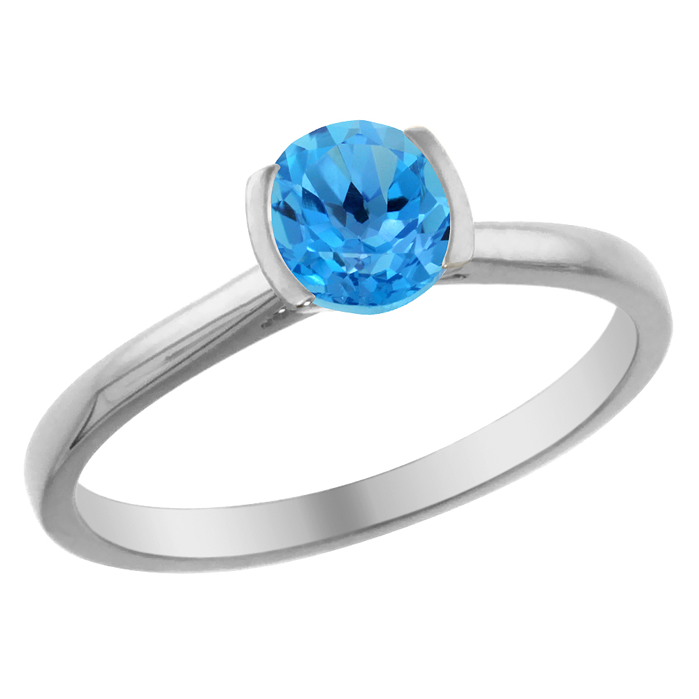 14K White Gold Natural Swiss Blue Topaz Solitaire Ring Round 5mm, sizes 5 - 10
