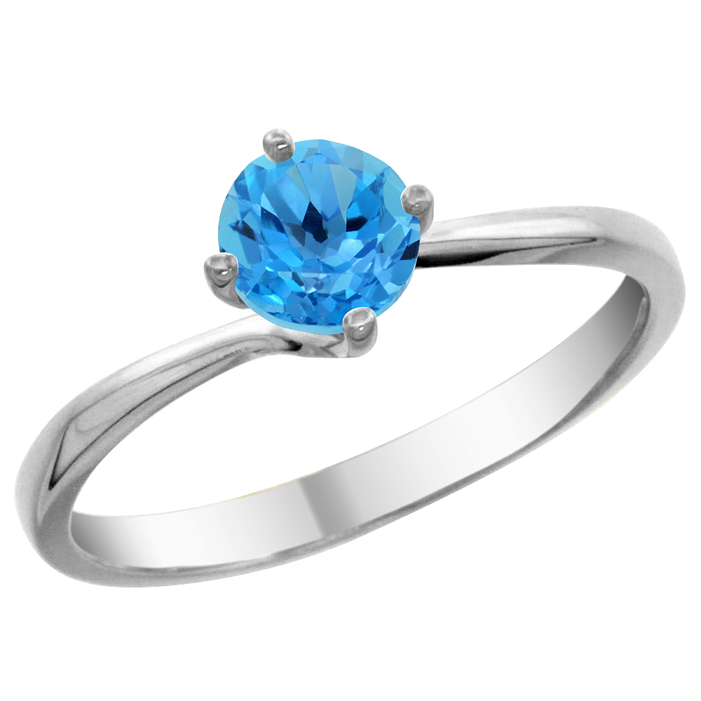 14K White Gold Natural Swiss Blue Topaz Solitaire Ring Round 6mm, sizes 5 - 10