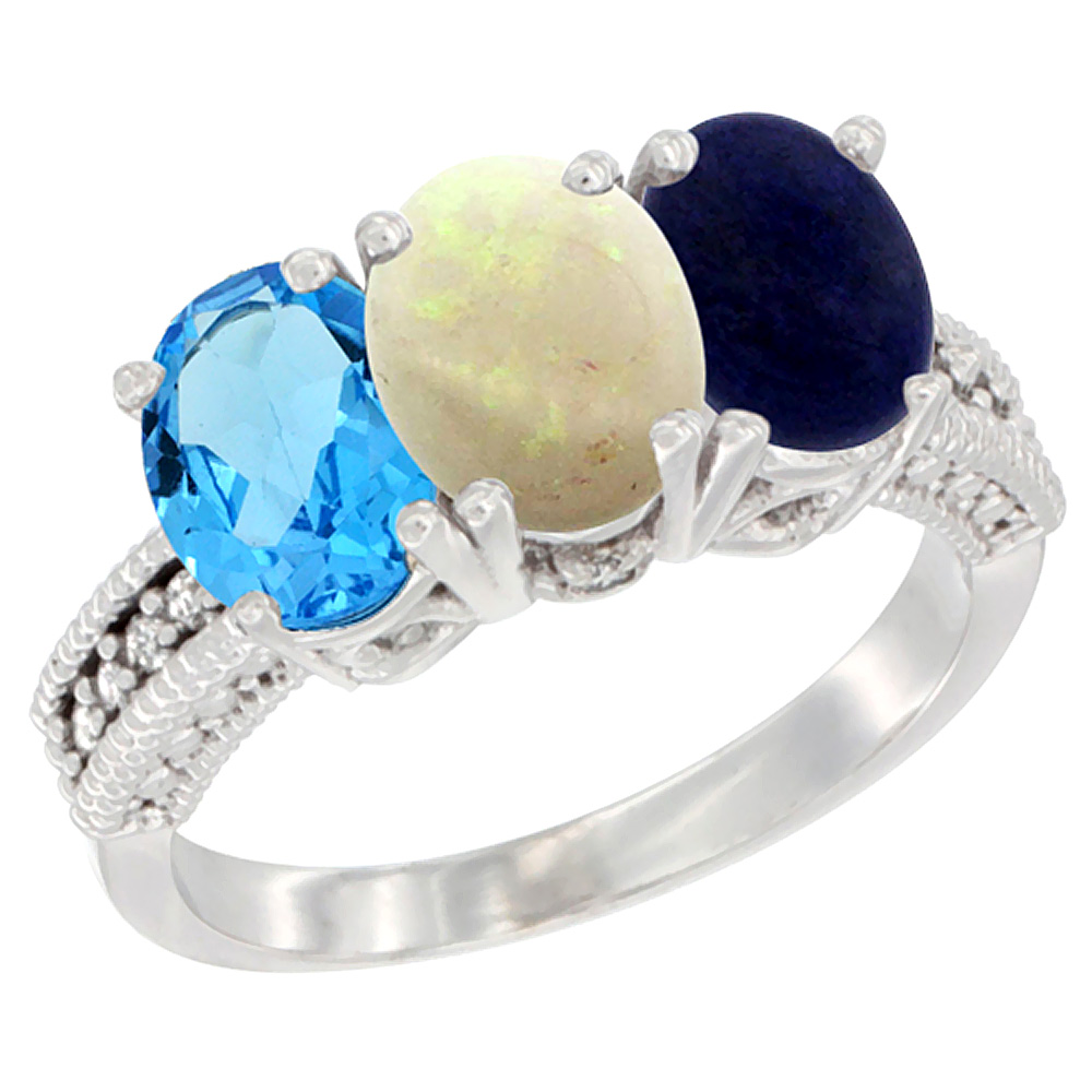 10K White Gold Natural Swiss Blue Topaz, Opal &amp; Lapis Ring 3-Stone Oval 7x5 mm Diamond Accent, sizes 5 - 10