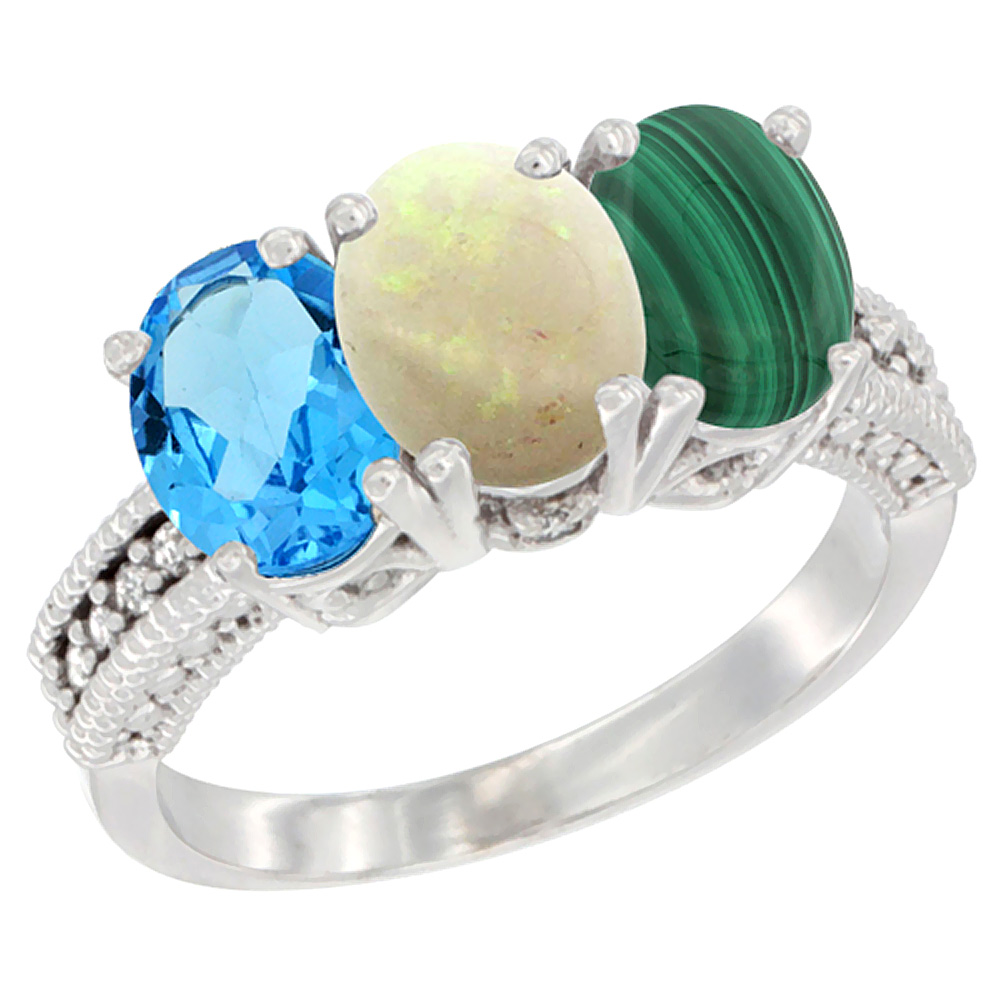 10K White Gold Natural Swiss Blue Topaz, Opal & Malachite Ring 3-Stone Oval 7x5 mm Diamond Accent, sizes 5 - 10