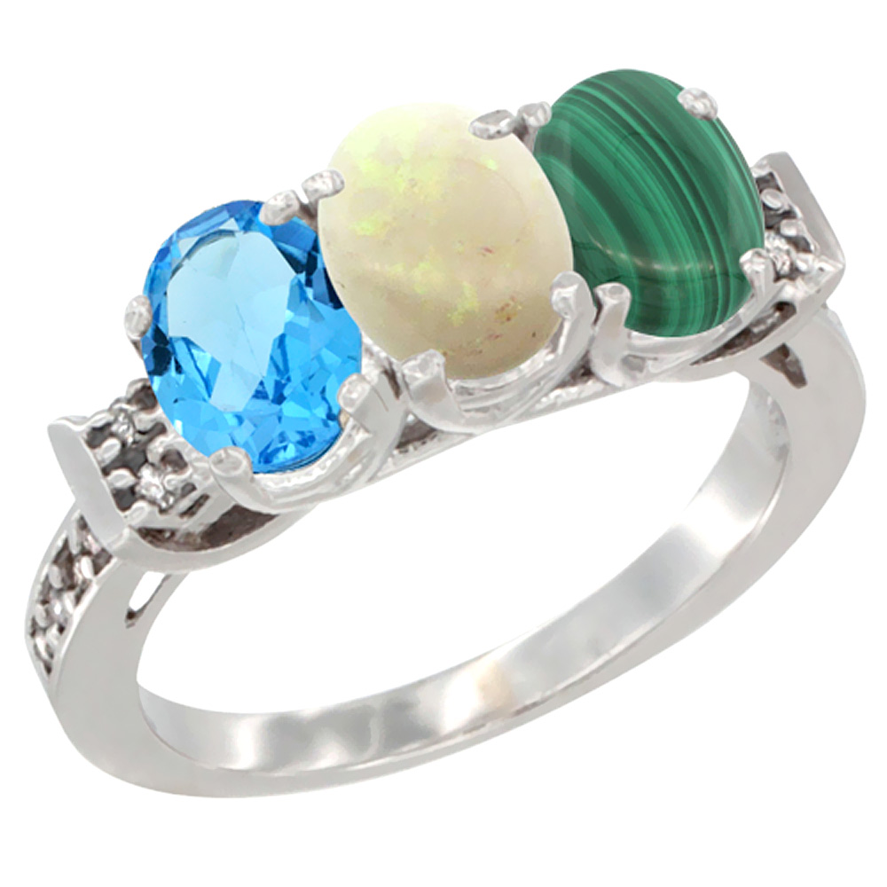 10K White Gold Natural Swiss Blue Topaz, Opal & Malachite Ring 3-Stone Oval 7x5 mm Diamond Accent, sizes 5 - 10