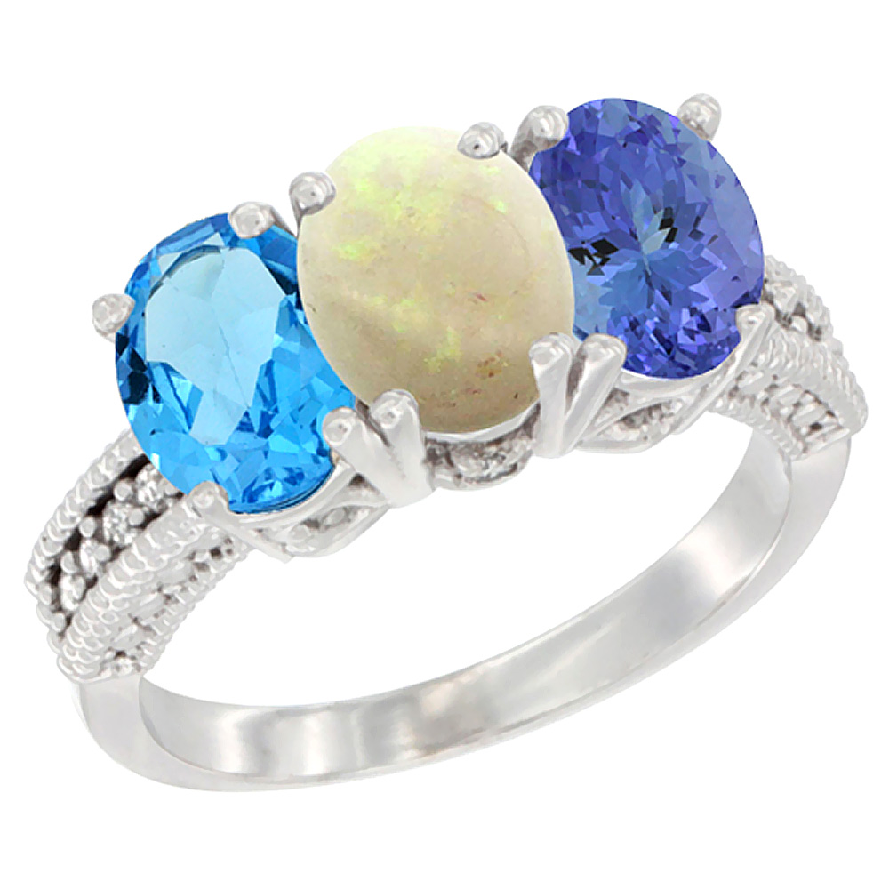 10K White Gold Natural Swiss Blue Topaz, Opal &amp; Tanzanite Ring 3-Stone Oval 7x5 mm Diamond Accent, sizes 5 - 10