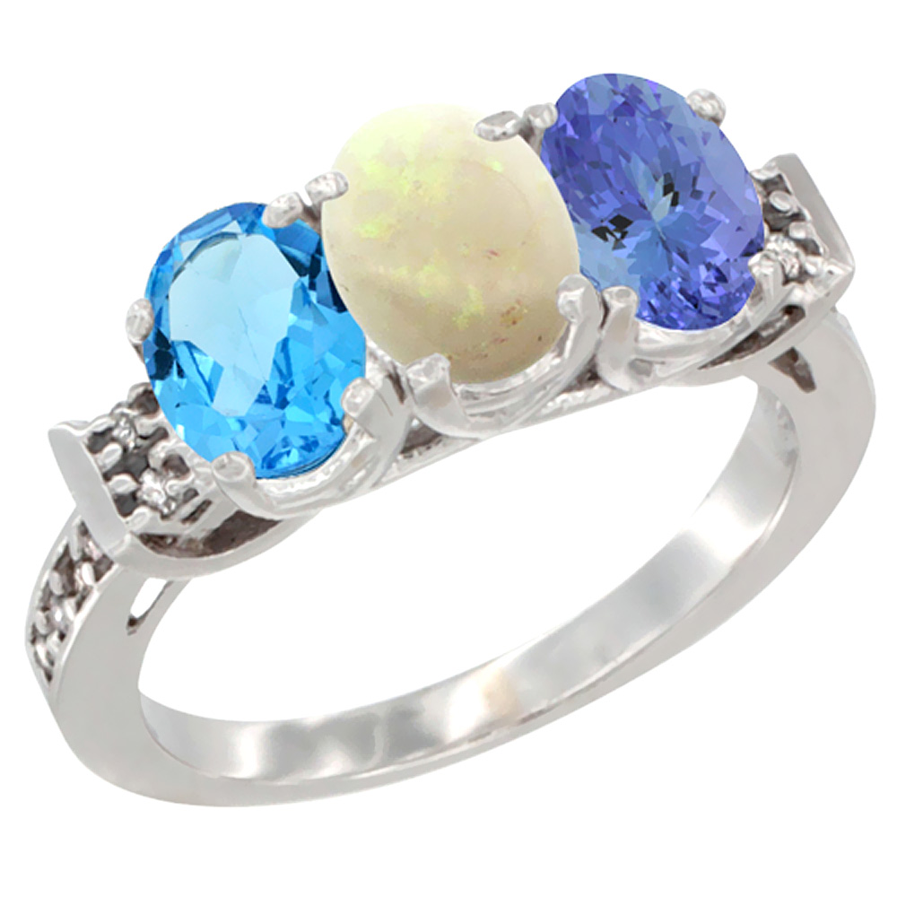 10K White Gold Natural Swiss Blue Topaz, Opal & Tanzanite Ring 3-Stone Oval 7x5 mm Diamond Accent, sizes 5 - 10