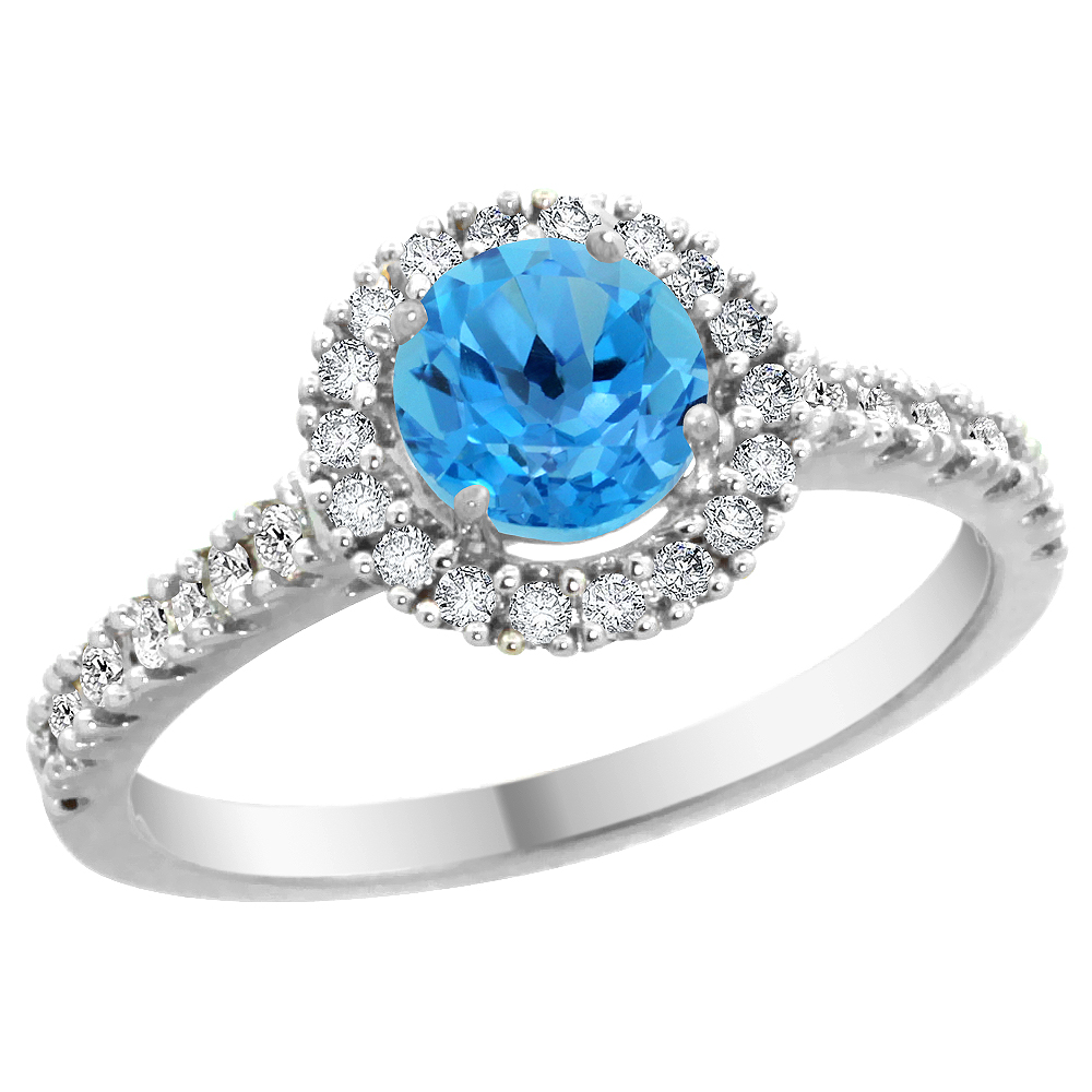 14K White Gold Diamond Halo Natural Swiss Blue Topaz Ring Round 6mm, sizes 5 - 10
