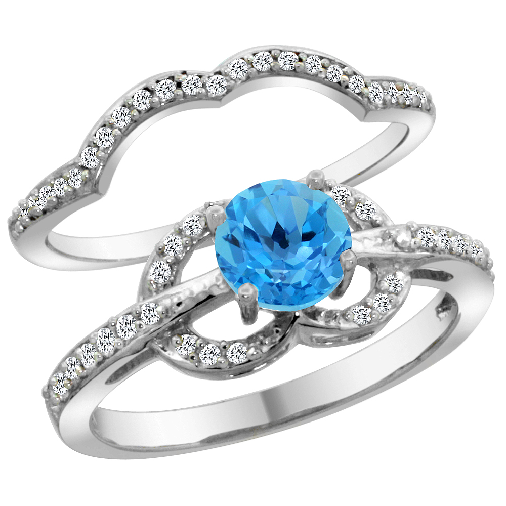 14K White Gold Natural Swiss Blue Topaz 2-piece Engagement Ring Set Round 6mm, sizes 5 - 10