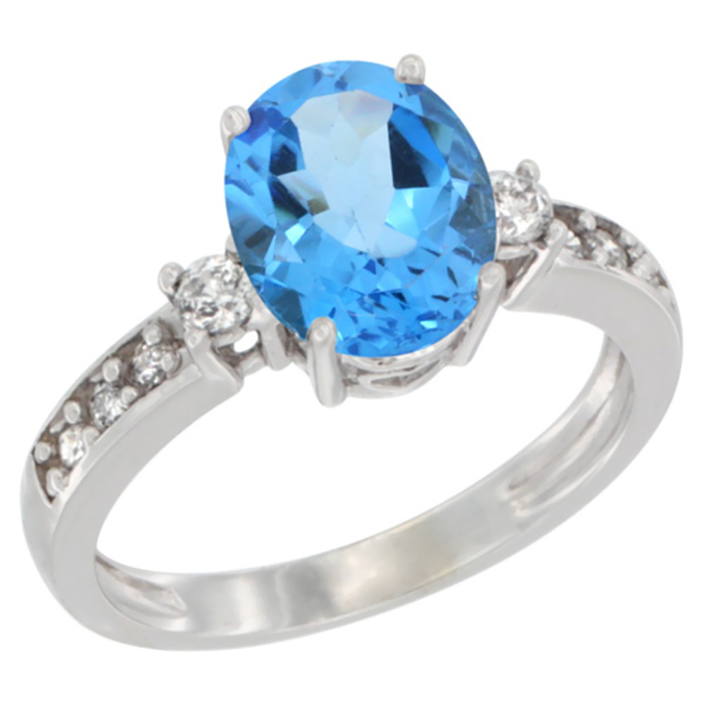 10K Yellow Gold Genuine Blue Topaz Ring Oval 9x7 mm Diamond Accent sizes 5 - 10