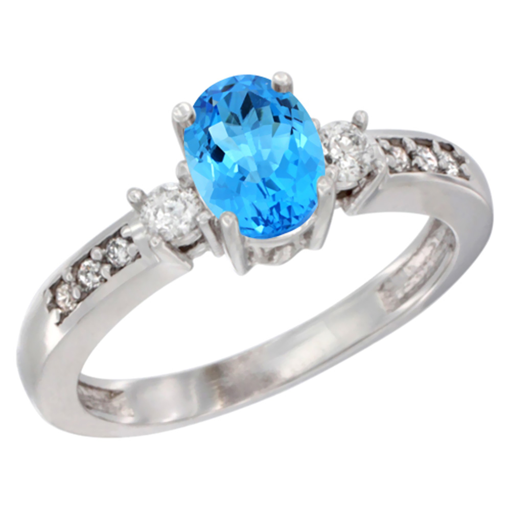 14K Yellow Gold Diamond Natural Swiss Blue Topaz Engagement Ring Oval 7x5 mm, sizes 5 - 10