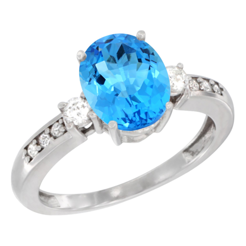 14K Yellow Gold Natural Swiss Blue Topaz Ring Oval 9x7 mm Diamond Accent, sizes 5 - 10