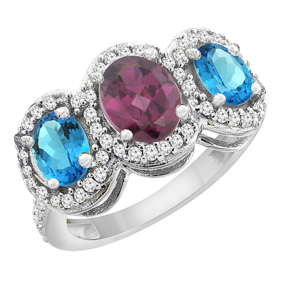 14K White Gold Natural Rhodolite & Swiss Blue Topaz 3-Stone Ring Oval Diamond Accent, sizes 5 - 10