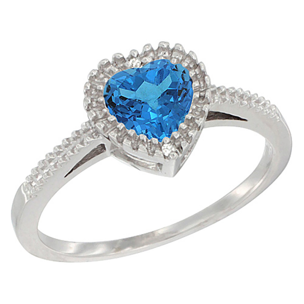 14K White Gold Natural Swiss Blue Topaz Ring Heart 6x6 mm, sizes 5 - 10