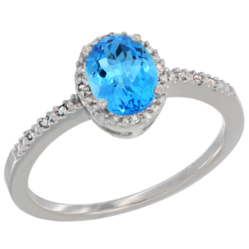 14K White Gold Diamond Natural Swiss Blue Topaz Engagement Ring Oval 7x5 mm, sizes 5 - 10