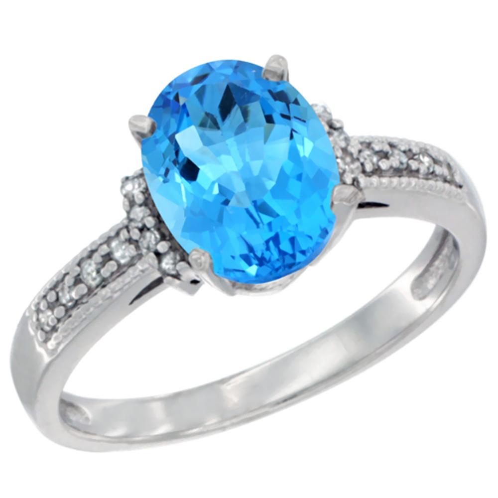 14K Yellow Gold Natural Swiss Blue Topaz Ring Oval 9x7 mm Diamond Accent, sizes 5 - 10